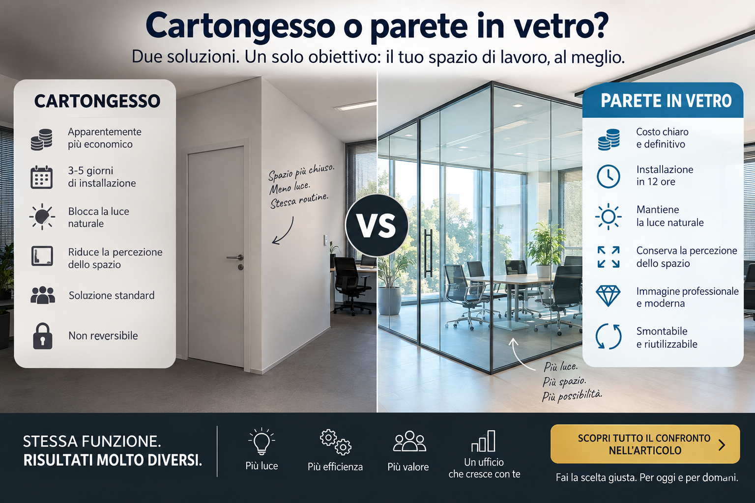 Parete divisoria in vetro o cartongesso: qual è la scelta giusta per il tuo ufficio? Il confronto che nessuno ti fa